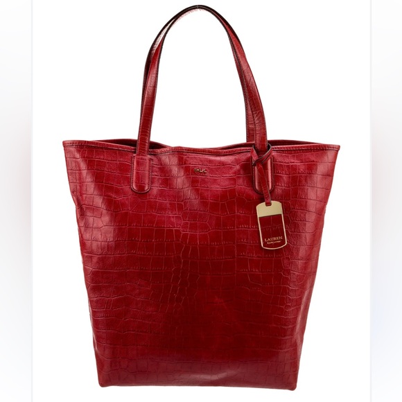 Ralph Lauren Lanesborough Unlined Red Croc Embossed Leather Tote Bag